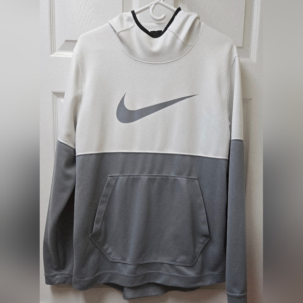 Nike Therma Fit Hoodie Mens L White Gray Pullover Sweatshirt-EUC
